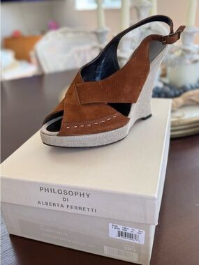Alberta Ferretti Brown Suede Peep-Toe Wedge Sandals